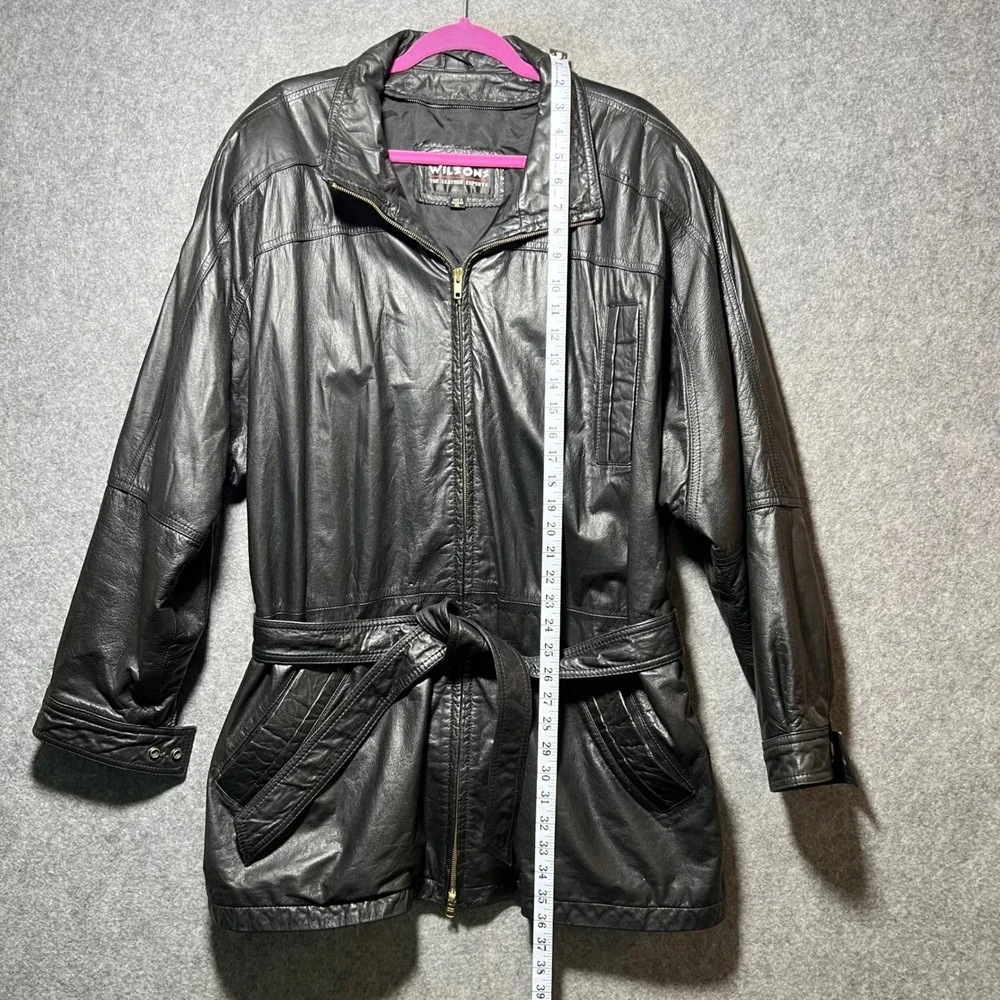 Vintage 90s Wilsons Black Leather Car Coat Belted Utility Jacket Men's XL